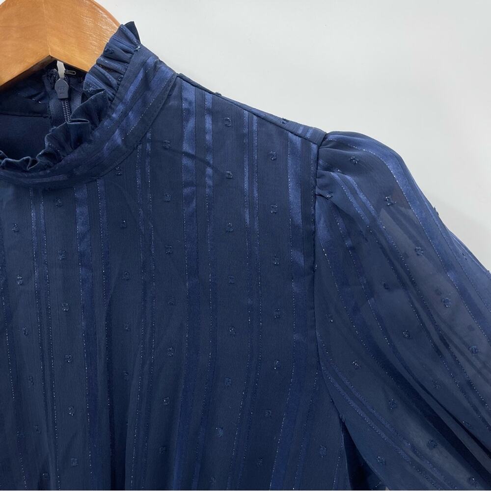 NWT AQUA Mock Neck Semi Sheer Navy Blue Mini Dress Medium Elegant Retro Whimsy - Picture 7 of 16